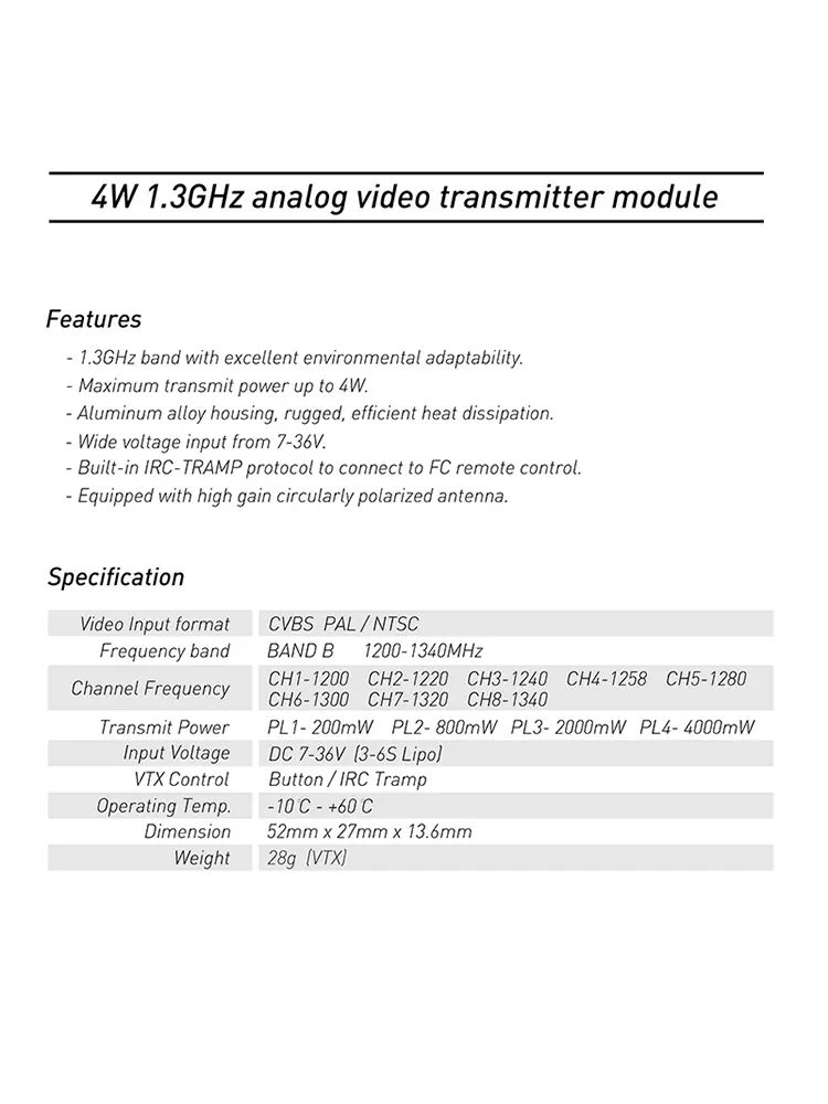 PFLYY 4W/4000mw 1.2/1.3G VTX High Power FPV Drone Simulation Image Transmission Fixed Wing