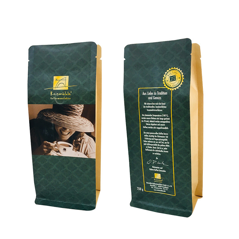 Aluminum foil gold printed coffee bags with flat bottom, 250g 500g 1kg block bottom coffee bags with valve and tin tie