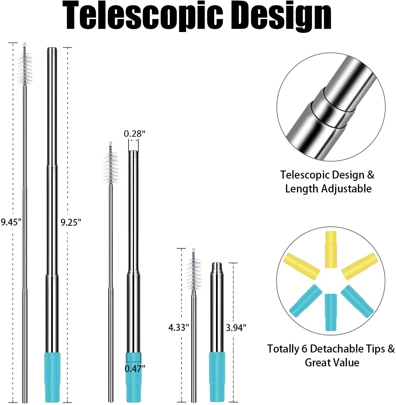 Reusable Collapsible Stainless Steel Straw with metal Case Silicone Tip and Cleaning Brush, Telescopic Portable drinking straw