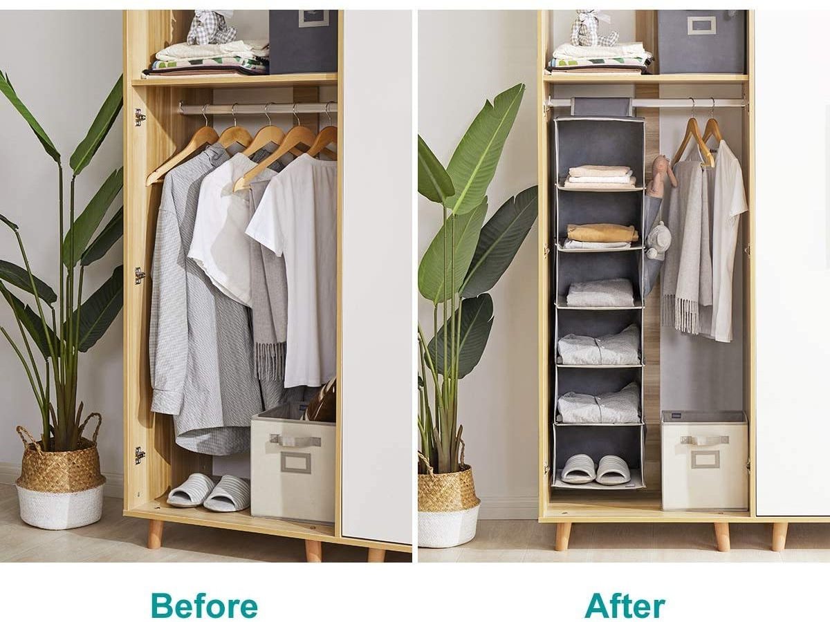 Wardrobe organizer 6 - Layer Collapsible Hanging Closet Organizer with 6 Side Pockets Closet Hanging Shelves ,Gray