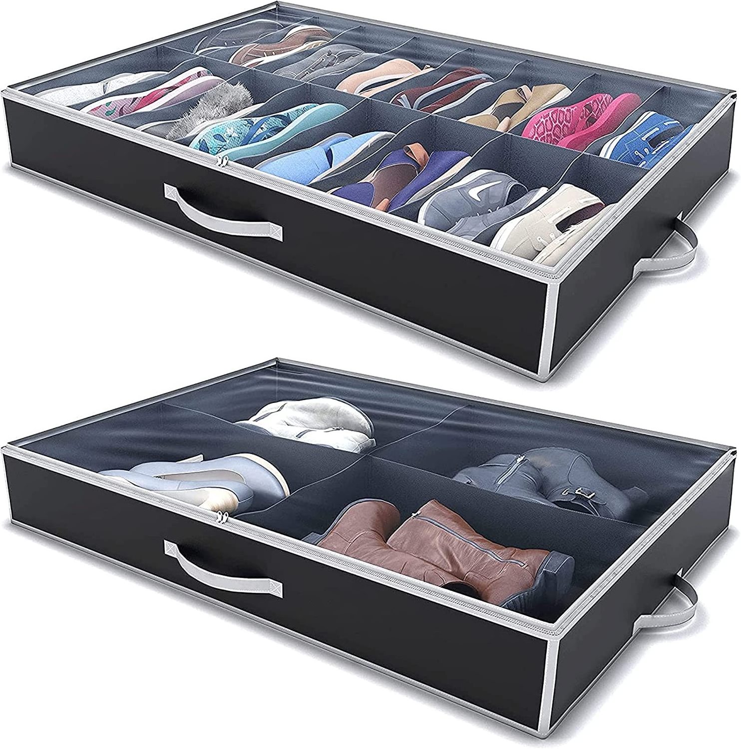 Under Bed Shoe Storage Organizer Set of 2, Total Fit 32 Pairs of Shoes, Shoe Rack Organizer Container with Reinforced