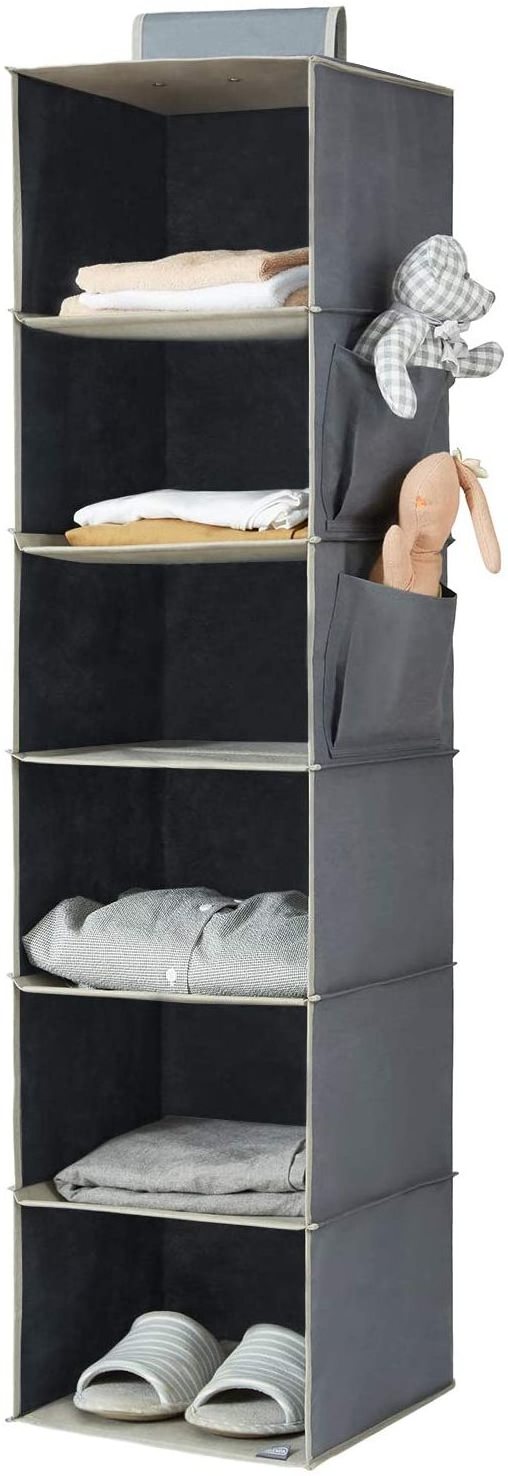 Wardrobe organizer 6 - Layer Collapsible Hanging Closet Organizer with 6 Side Pockets Closet Hanging Shelves ,Gray