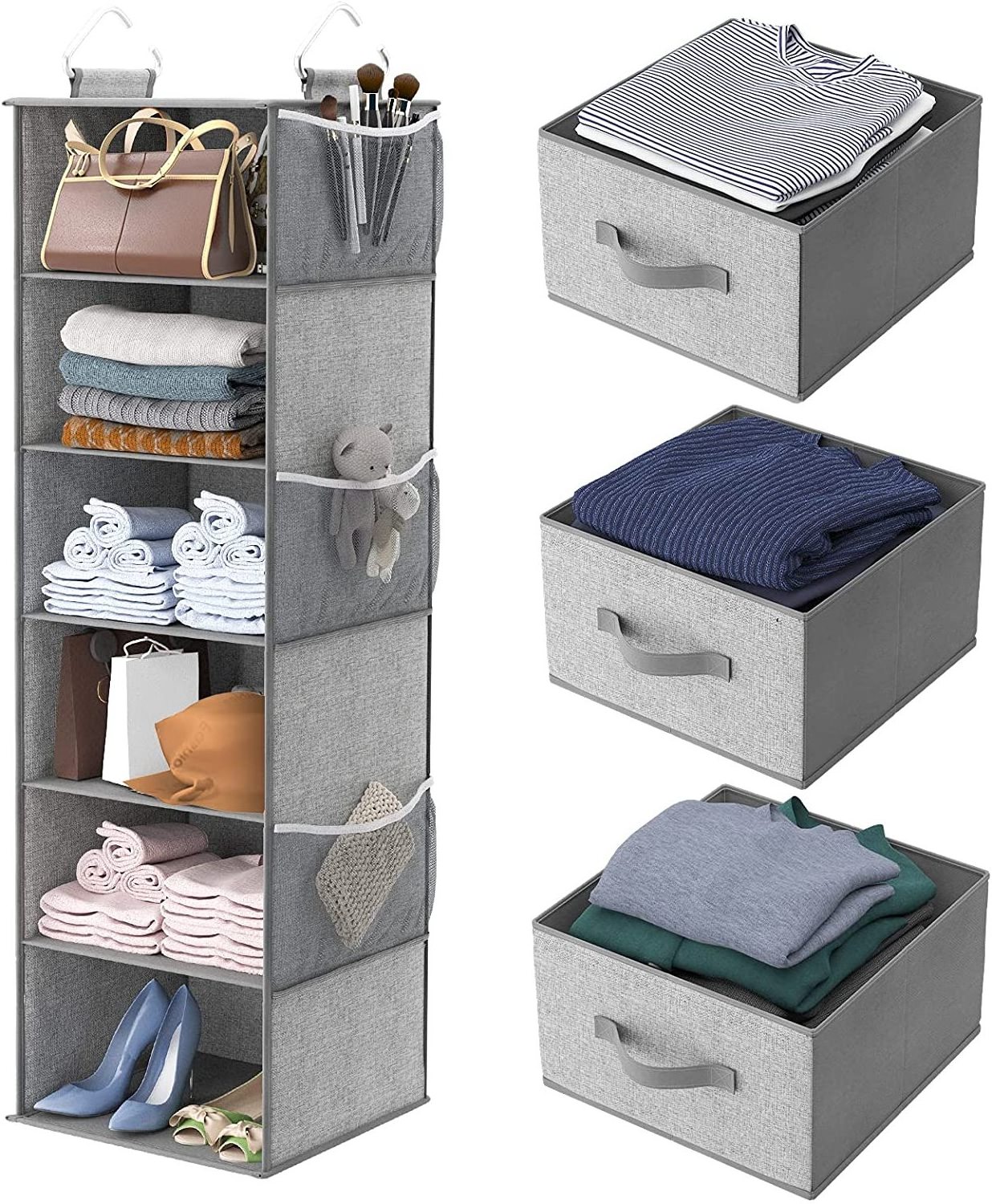 6-Shelf Hanging Closet Organizer, Hanging Shelves for Closet with 3 Divisible Drawers & Side Pocket