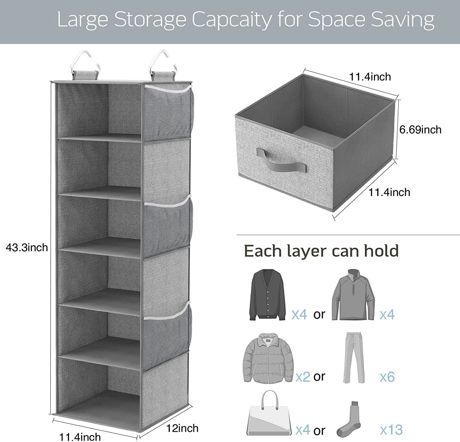 6-Shelf Hanging Closet Organizer, Hanging Shelves for Closet with 3 Divisible Drawers & Side Pocket