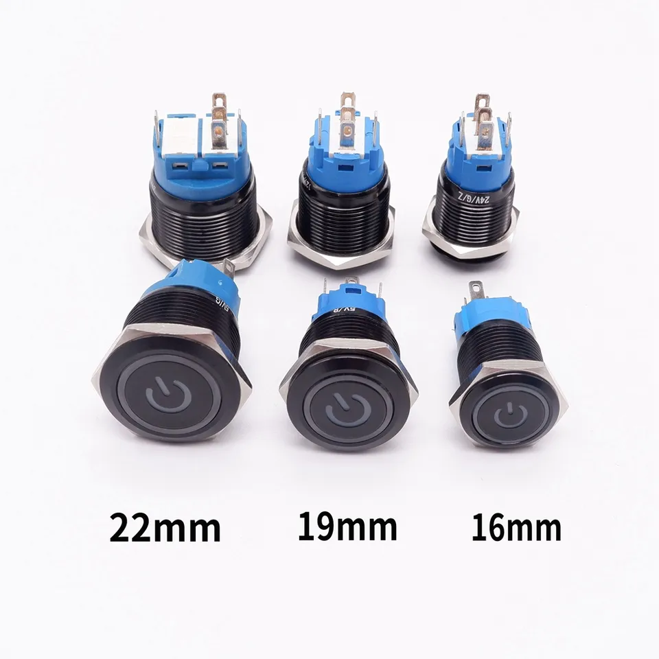 16mm 19mm 22mm Black Metal Push Button Switch Waterproof Illuminated Led Light Flat Momentary Latching with Power Mark 12V 220V