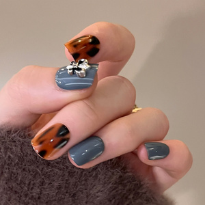 New Designs Luxury Extra Long Coffin Nails Bluish grey Leopard Diamond Press On French Handmade Stick Press On False Nails