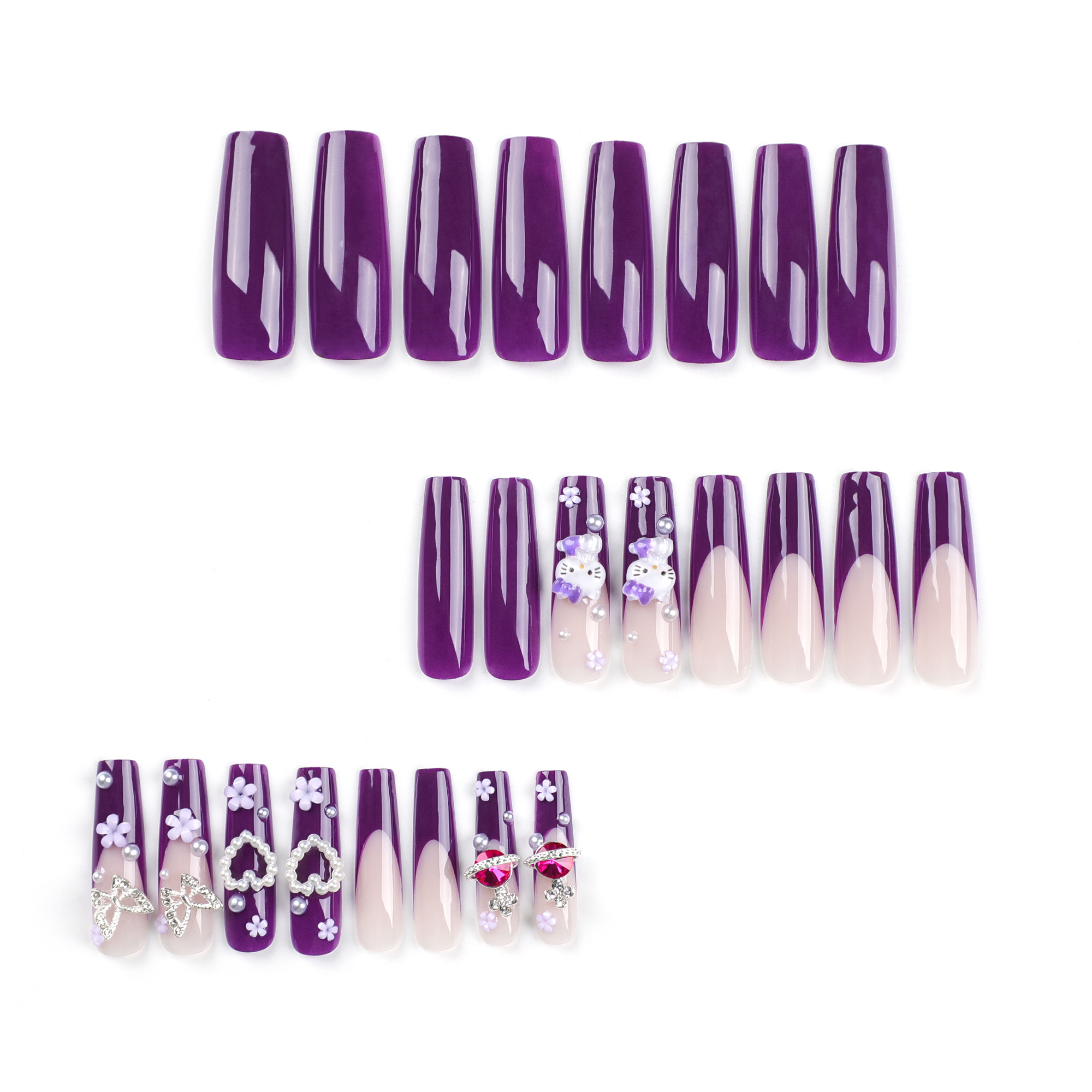 Reusable Long Coffin Purple 3D Hello Kitty Butterfly Heart Pearls Nail Tips Gel Polish Abs Press On Nails 24pcs False Nails