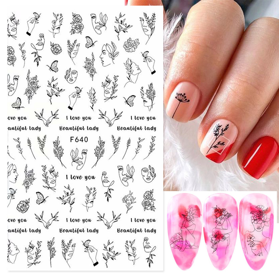 3d Nail Stickers Black And White Red Nail Art Design Love Flower Sliders Lock Bow Decals Valentine's Day Nail Supply Stickers