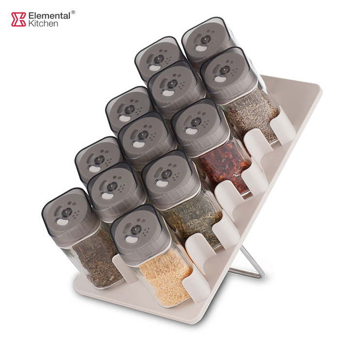 glass spice jars and rotating rack set condiments storage holders square seasoning spices with revolving stand