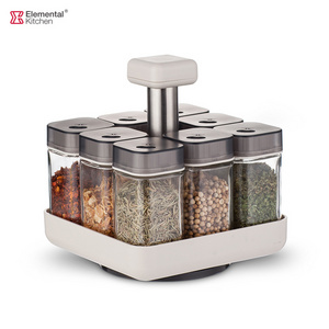 glass spice jars and rotating rack set condiments storage holders square seasoning spices with revolving stand