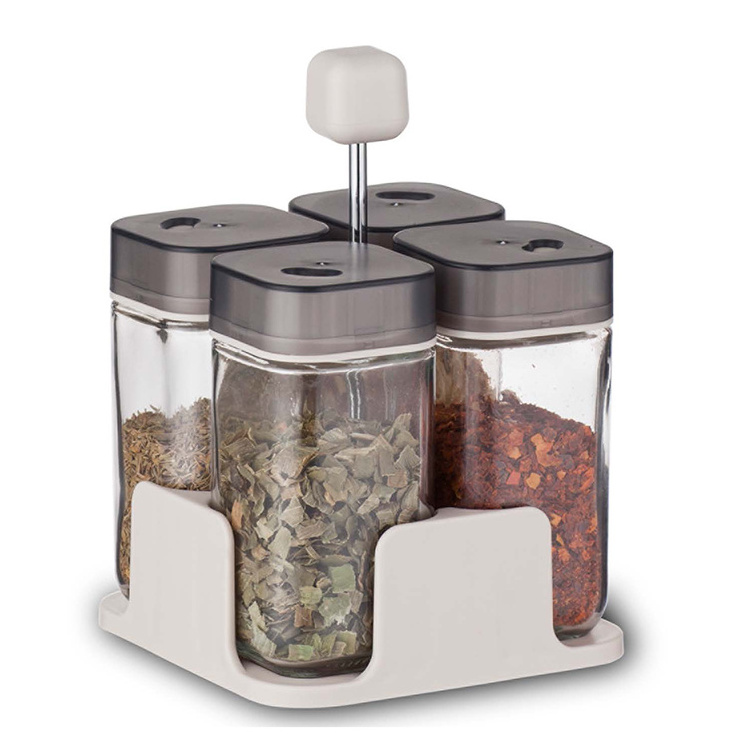 glass spice jars and rotating rack set condiments storage holders square seasoning spices with revolving stand