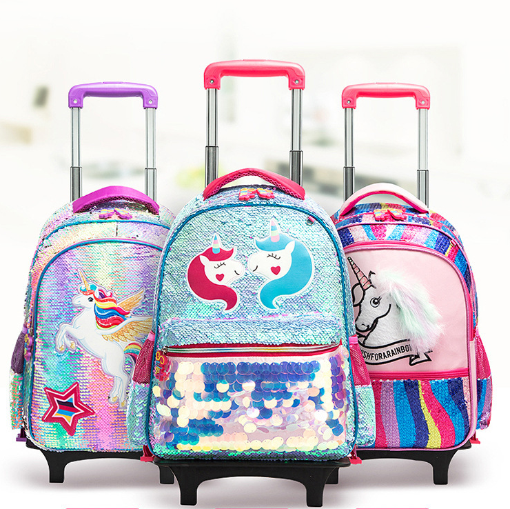 Hot Selling 16-inch Cartoon Primary School Students Trolley Travel Bag Sequins 2-6 grade Primary School Girls Backpack