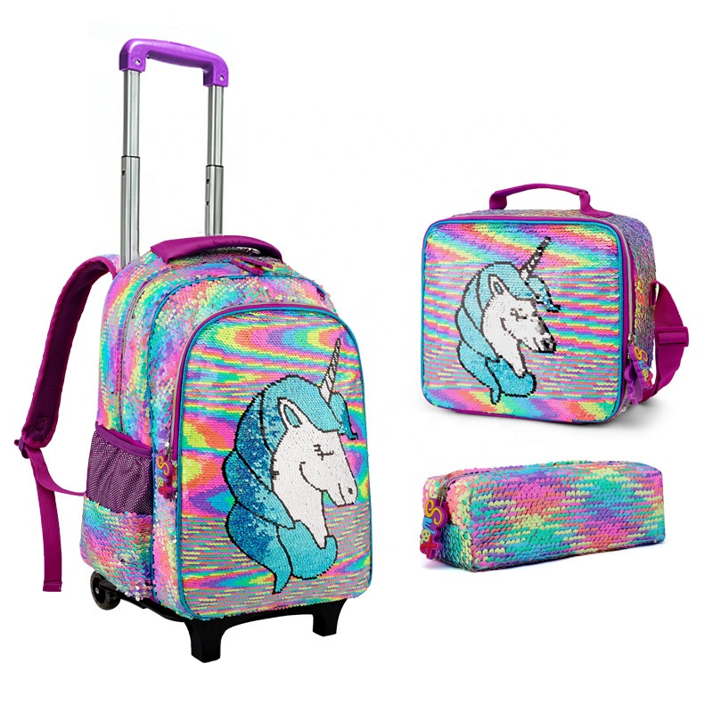 Hot Selling 16-inch Cartoon Primary School Students Trolley Travel Bag Sequins 2-6 grade Primary School Girls Backpack