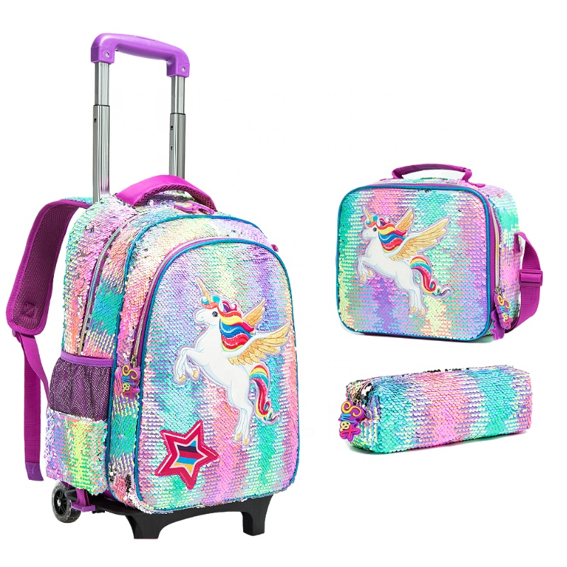 Hot Selling 16-inch Cartoon Primary School Students Trolley Travel Bag Sequins 2-6 grade Primary School Girls Backpack