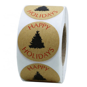 Hybsk 1.5 inch Happy Holidays with Single Black Tree Sticker Total 500 Christmas Tags On a Roll