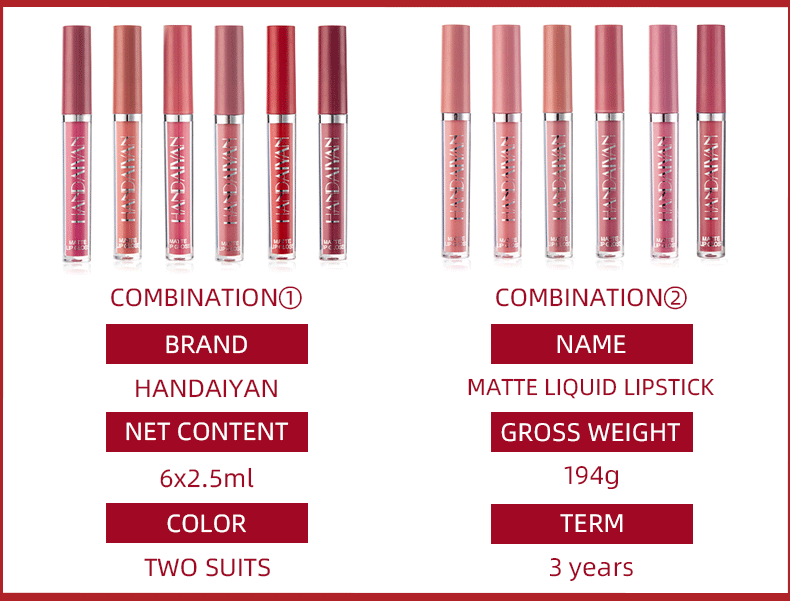 Matte Lipstick Set HANDAIYAN 6 Colors Long Lasting Velvet Lips Tint Liquid Lipsticks Waterproof Non-Stick Cup Lipgloss Gift Set