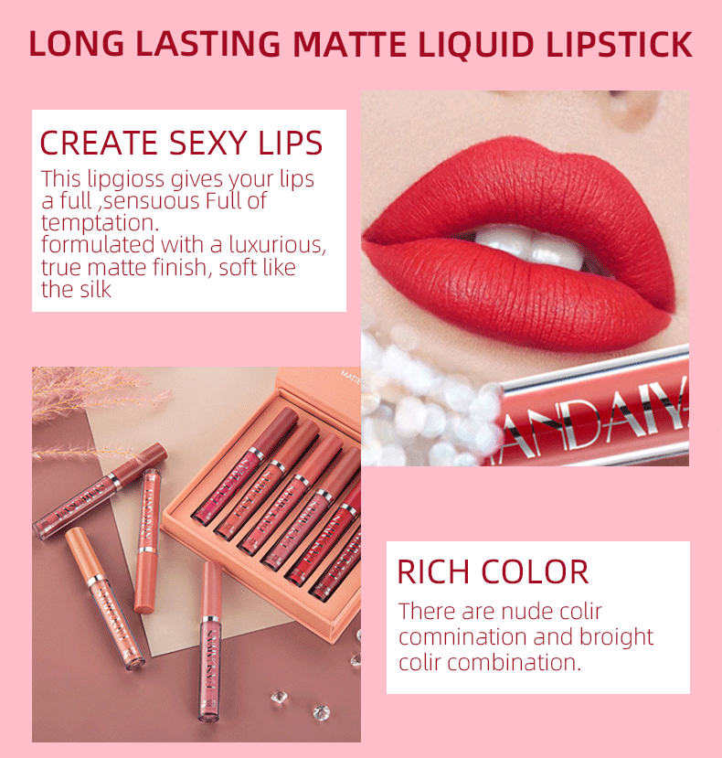 Matte Lipstick Set HANDAIYAN 6 Colors Long Lasting Velvet Lips Tint Liquid Lipsticks Waterproof Non-Stick Cup Lipgloss Gift Set