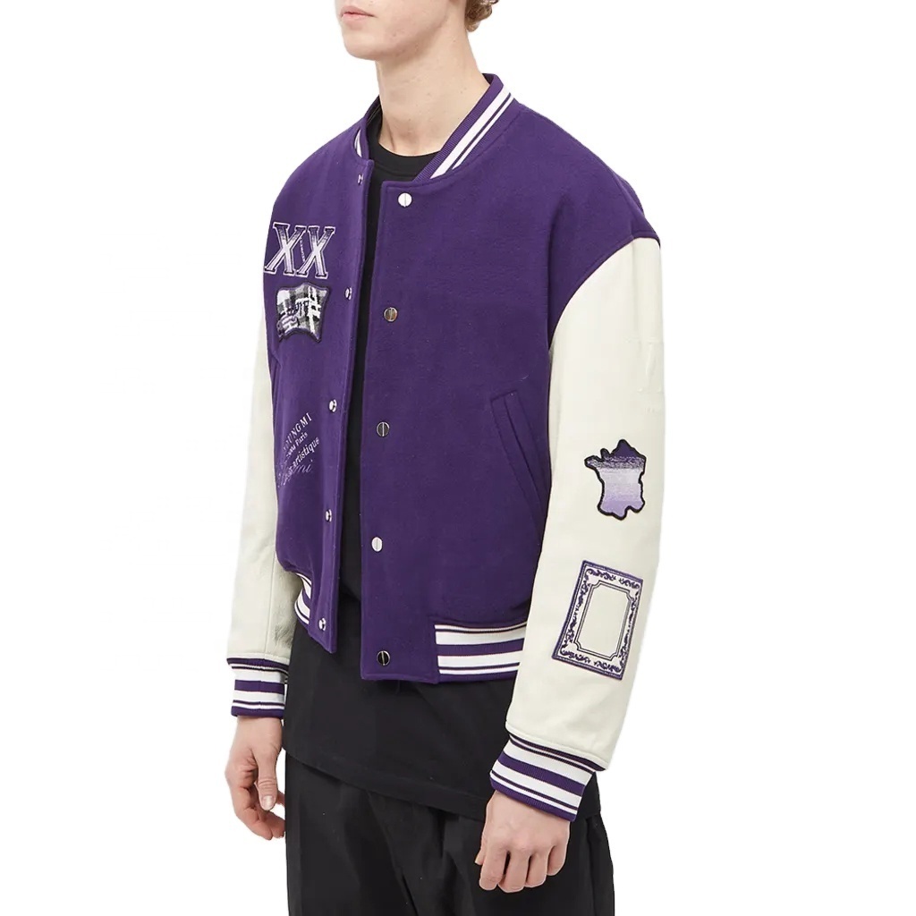 OEM Manufacturer Leather Sleeve Wool Purple Cropped Varsity Jackets