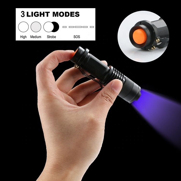 Mini focus zoomable tactical flashlight 365nm 395nm UV torch led black light for Dog Cat Urine Pet Stains and Bed Bug