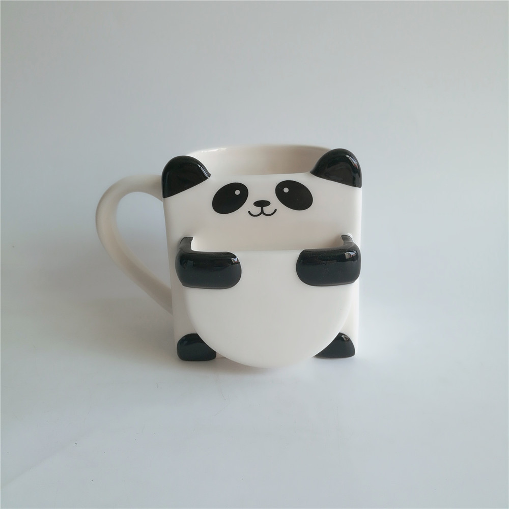 Cartoon design ceramic panda mug with cookie holder biscuit pocket