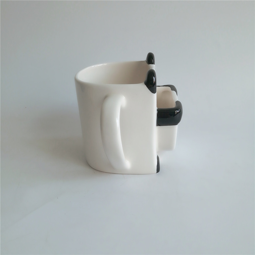 Cartoon design ceramic panda mug with cookie holder biscuit pocket