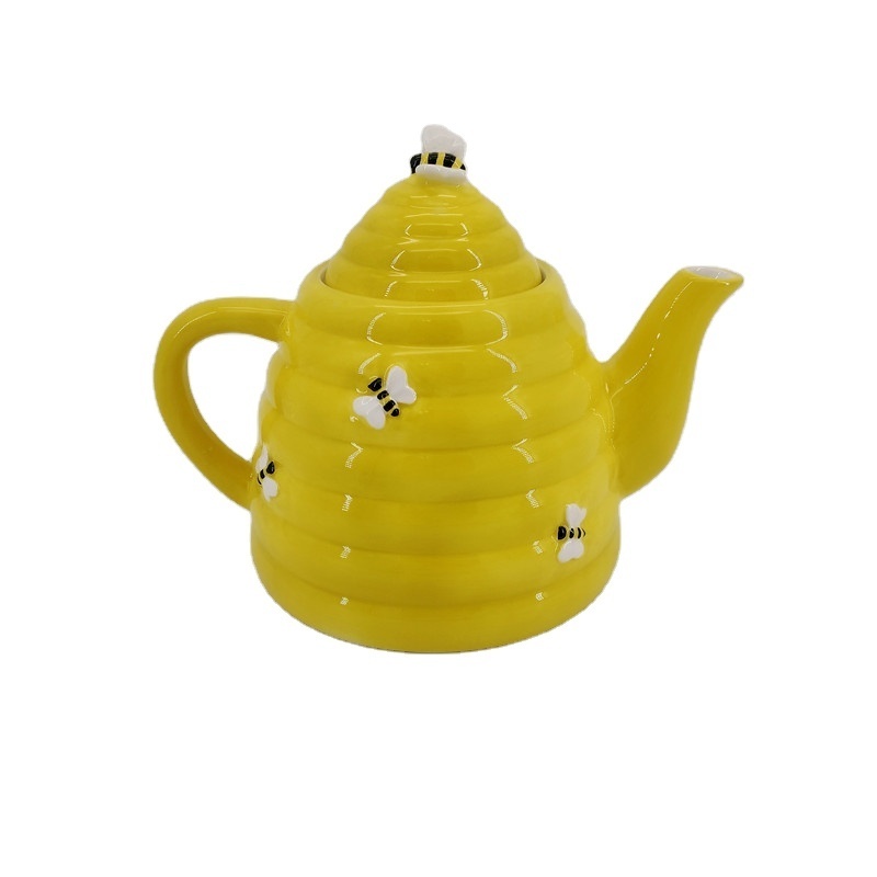 Custom decorative ceramic cute embossed hand painted yellow bee teapot 1000ML