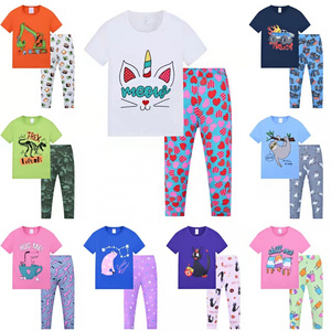 Wholesale cartoon cotton boy and girl pajamas 2 set short sleeves and long pants neutral sleepwear for kids