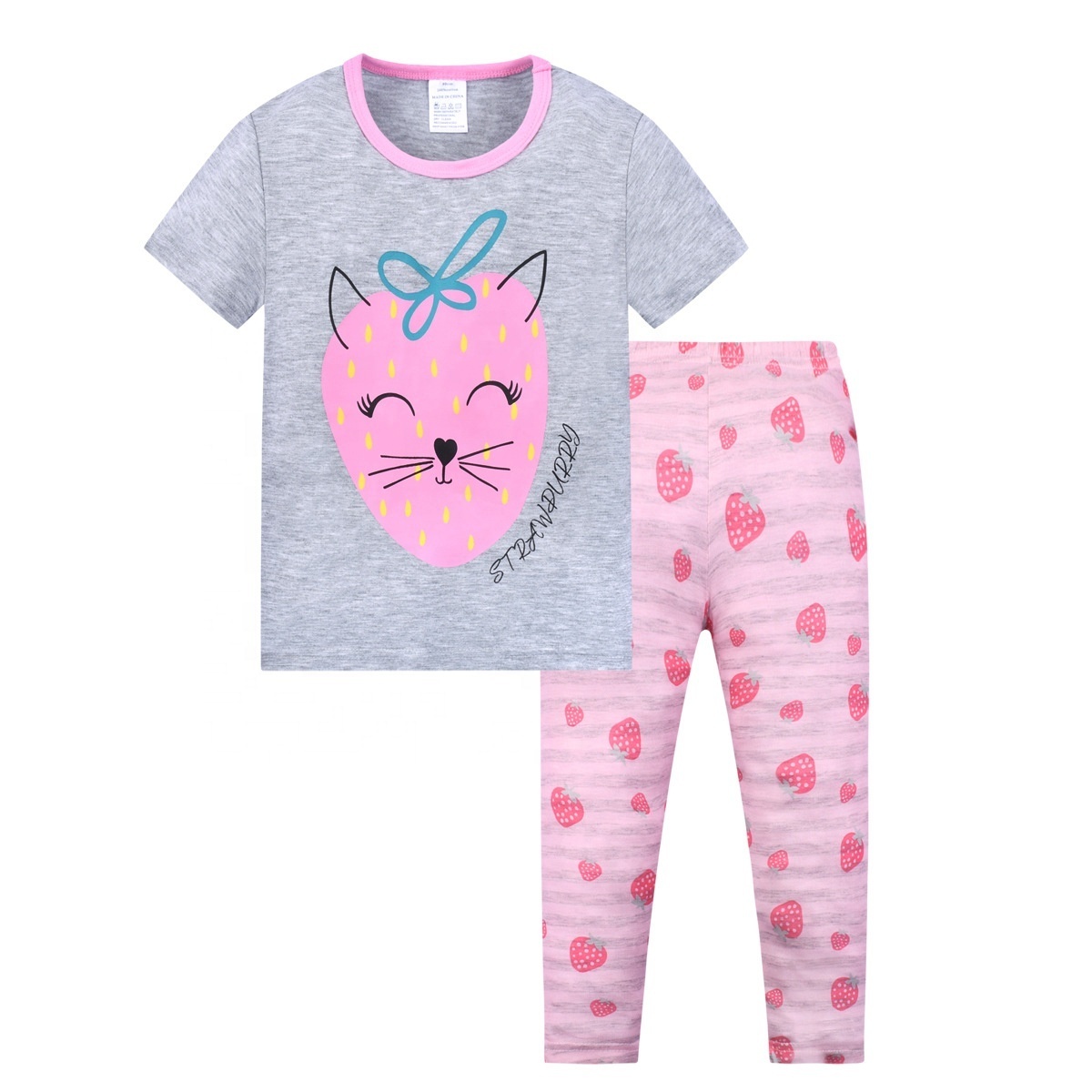 Wholesale cartoon cotton boy and girl pajamas 2 set short sleeves and long pants neutral sleepwear for kids