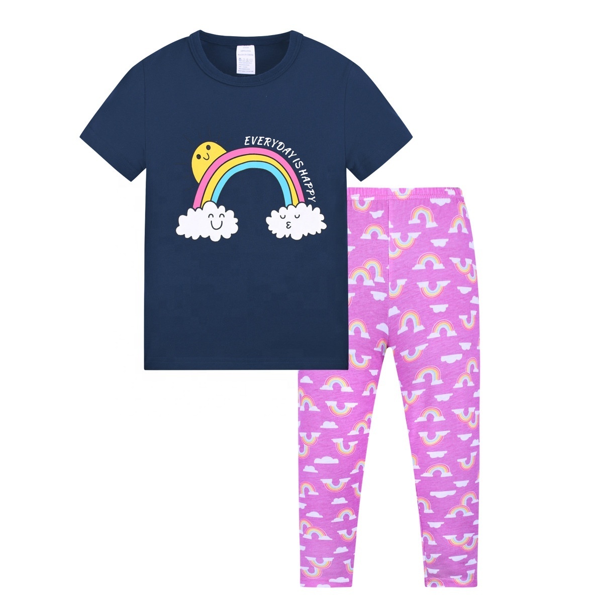 Wholesale cartoon cotton boy and girl pajamas 2 set short sleeves and long pants neutral sleepwear for kids