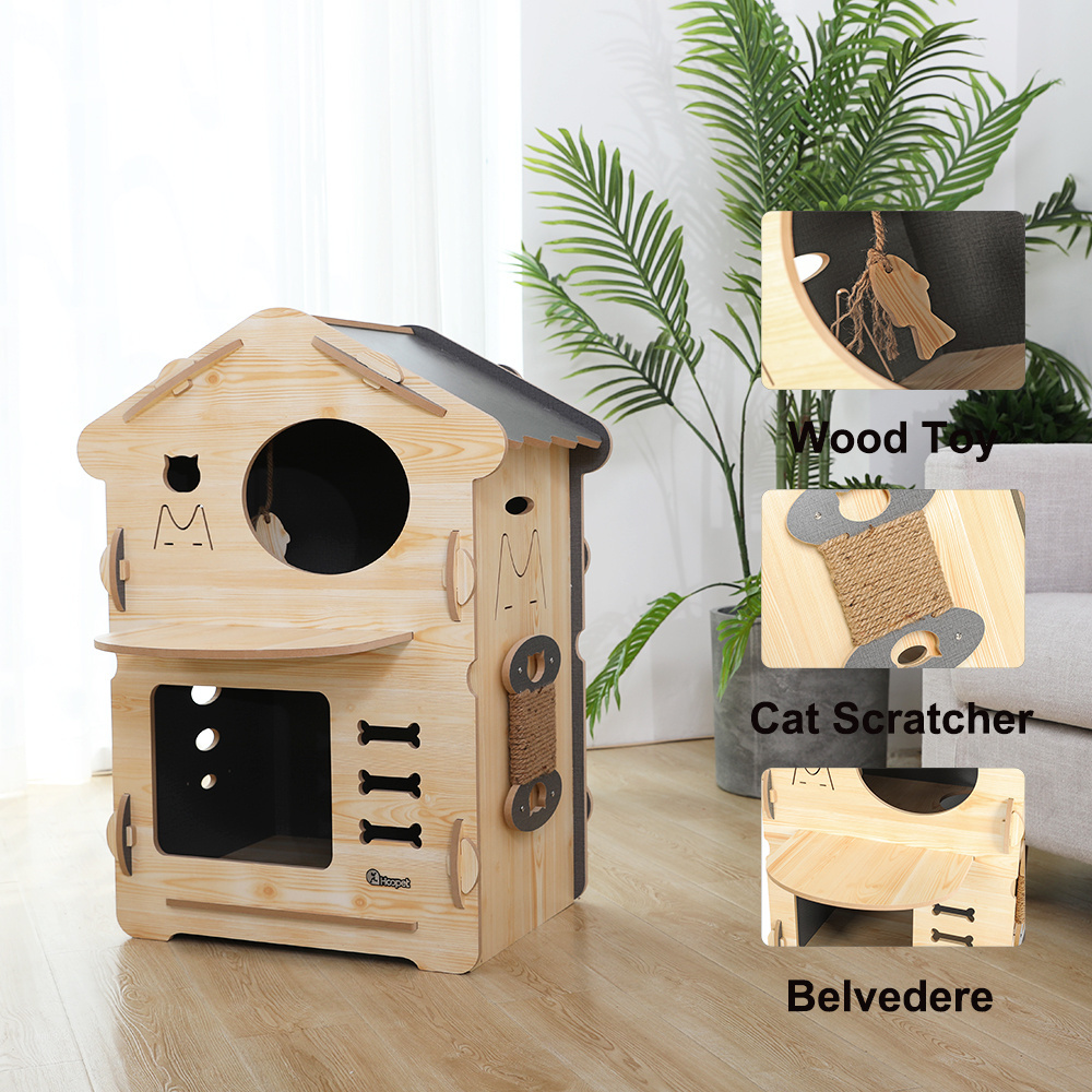 Manufacturer Hoopet Large Luxury Wooden Castle Condo Cat Scratcher Bed House For Indoor Cats