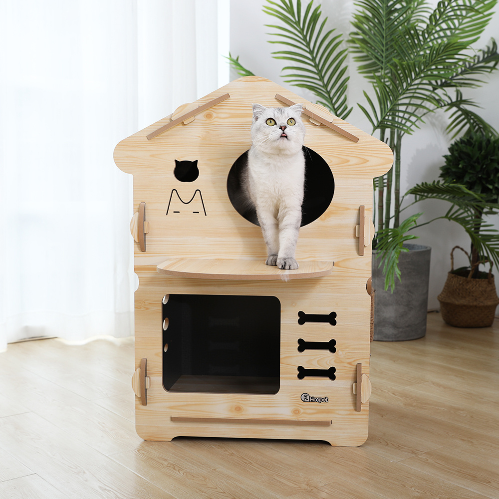 Manufacturer Hoopet Large Luxury Wooden Castle Condo Cat Scratcher Bed House For Indoor Cats