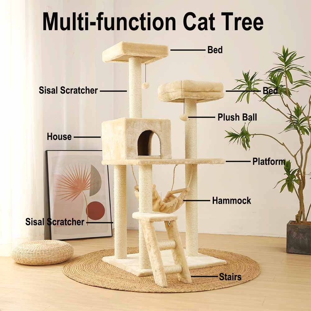 Customized Hoopet Hight Large Cat Rest Scratching Tree Furniture With Stairs And Hammock