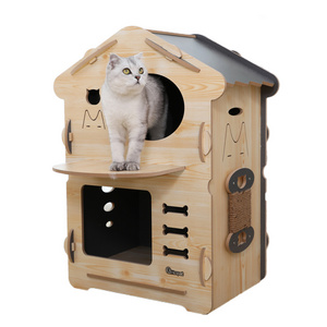 Manufacturer Hoopet Large Luxury Wooden Castle Condo Cat Scratcher Bed House For Indoor Cats