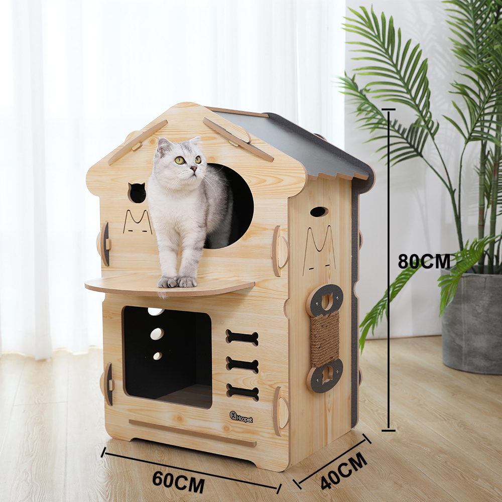 Manufacturer Hoopet Large Luxury Wooden Castle Condo Cat Scratcher Bed House For Indoor Cats