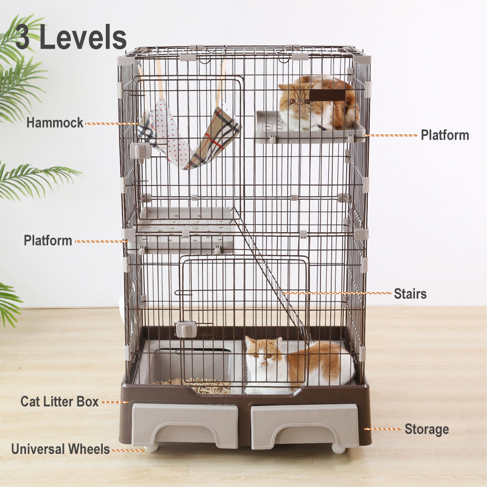 Top Seller Hoopet Indoor Large Moving Wheels 3 Level Cat House Playpen Cage With Litter Box And Storage