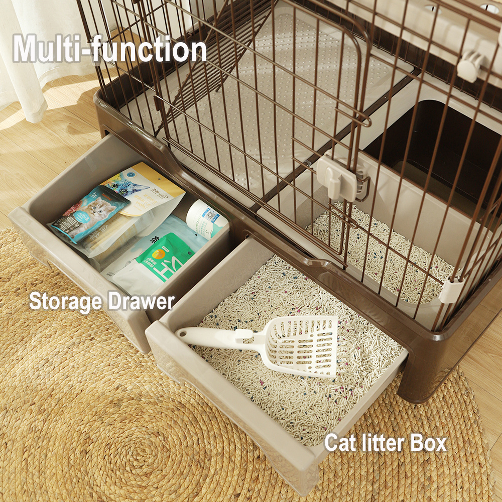 Customized Hoopet Big Detachable Metal Wire Kitten Kennels Crate Cat Condo Furniture Cage With Toilet Drawer