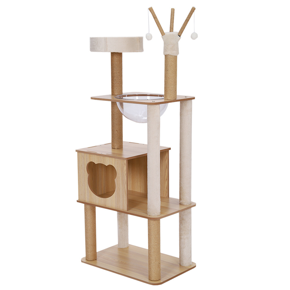 Factory Direct Hoopet Tall Large Scratching Post Wooden Cat House Tree With Hammock And Danging Balls