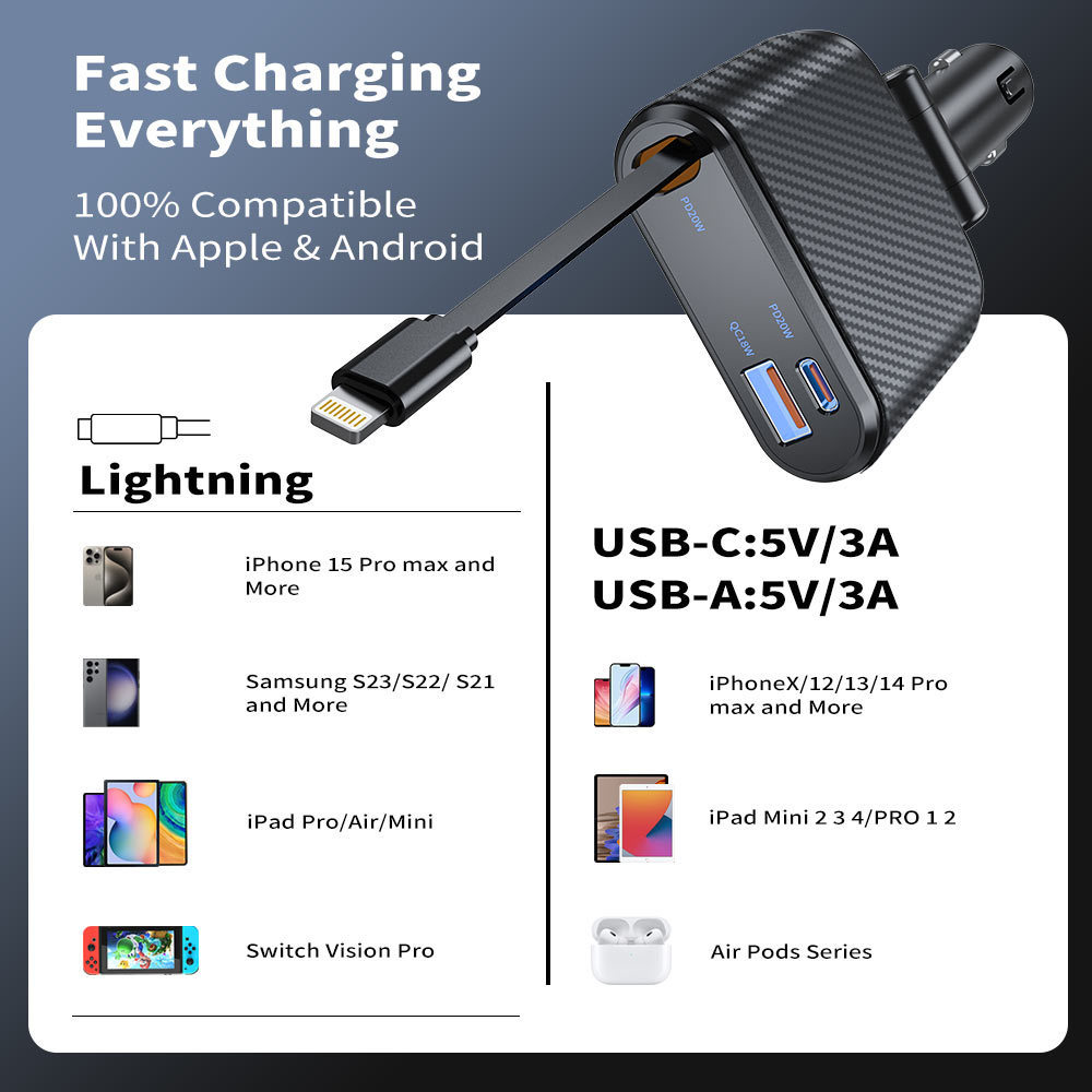 New Fast Shipping Car Charger Adapter Fast Charging 60W Retractable Cables and USB Port Retractable Car Charging