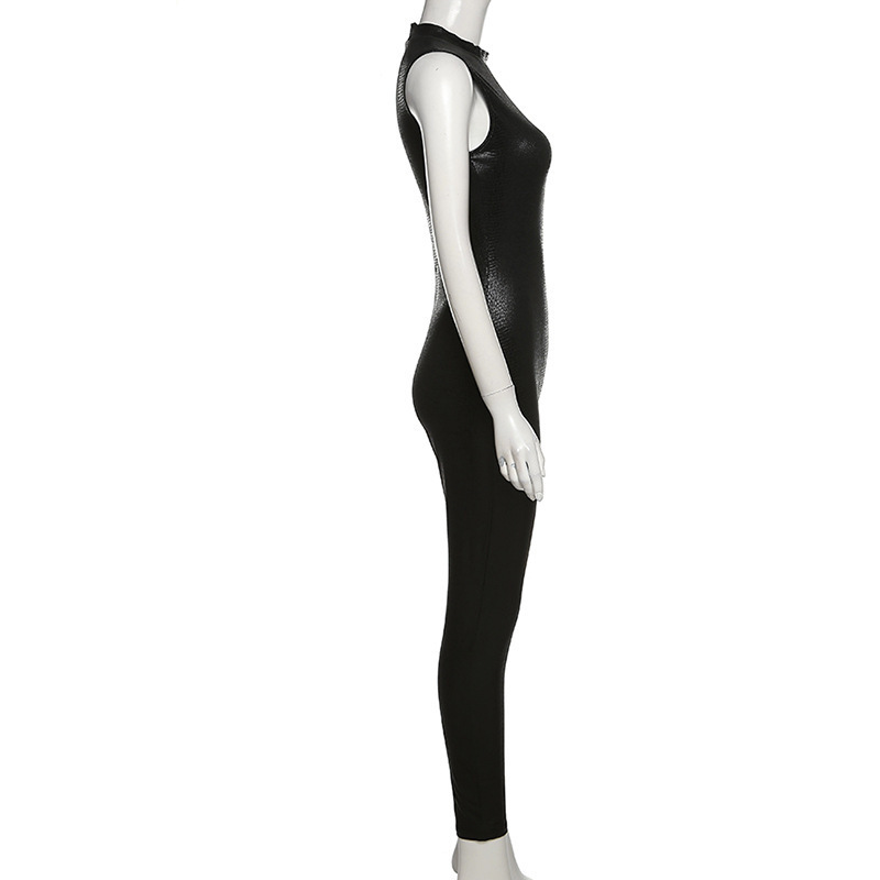 Fashion Sexy Street New One Piece Jumpsuit Bright Black Sleeveless Tight pu leather bodycon Jumpsuit for Women