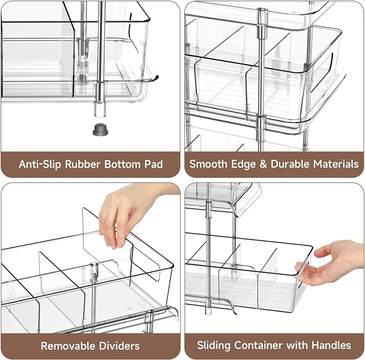 3 Tier Clear Organizer with dividers,  Multi-Purpose Pull-out Pantry storage Under Sink Closet Organizer,transparent storage box