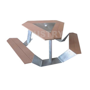 Outdoor table with umbrella hole triangle wood outside public dining table set