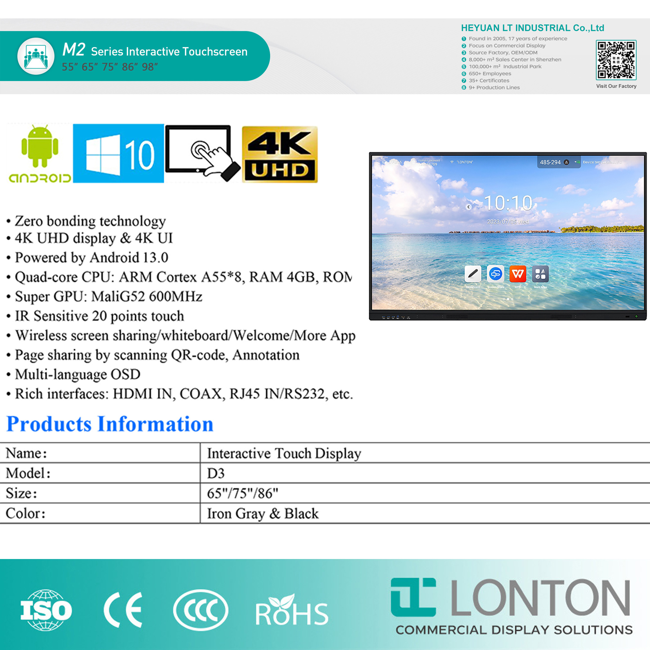 LONTON China Factory 65 Inch Interactive Panels Digital Display interactive smart white board with android system