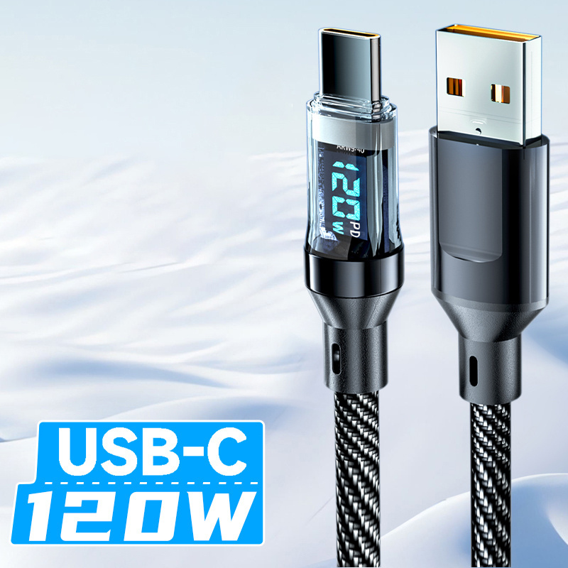 100W Real-time Digital Display USB C to USB C to Light PD 27W Double Type-c Cable USB-A 120W Fast Charging Cable For Iphone