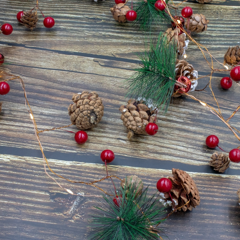 20 LED 7 Ft Christmas String Lights Battery Operated Pine Cone Red Berry Bell Xmas Garland with Lights Fairy String Lights