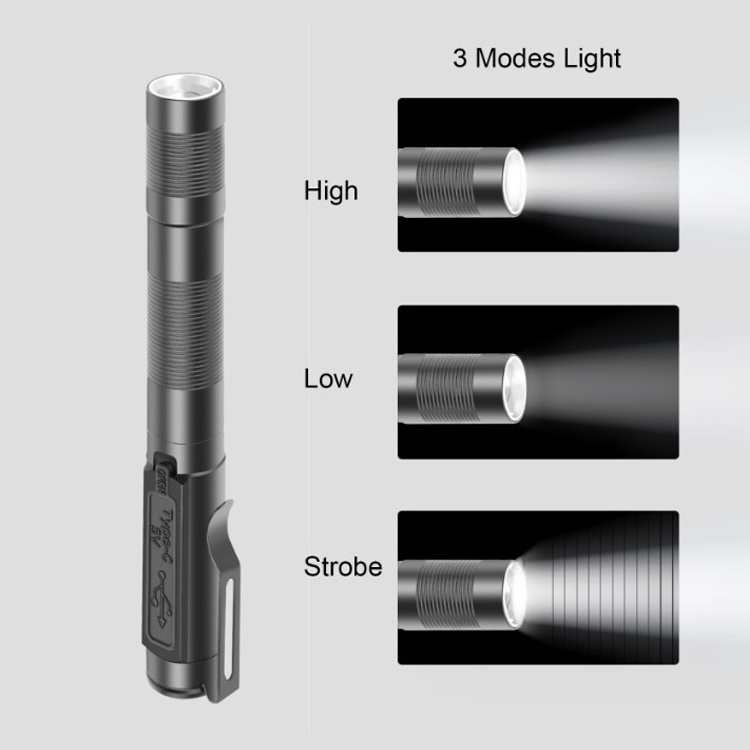 Waterproof Zoomable Rechargeable Pen Work Light Mini Flashlight Type C Rechargeable LED Pen Flashlight