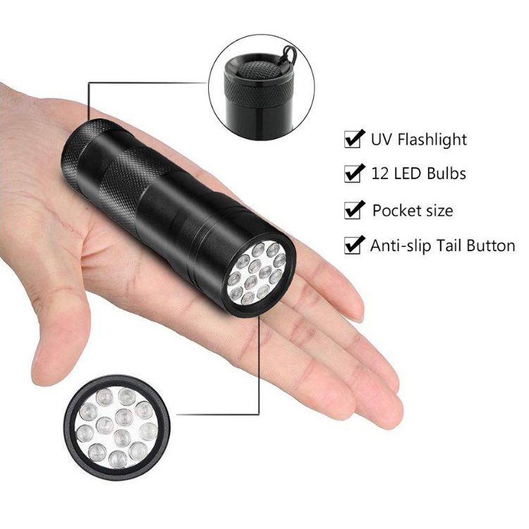 Portable 12 LED Black Light UV Flashlight AAA Battery Powered Ultraviolet 395nm Mini Light Torch Detector Flashlight