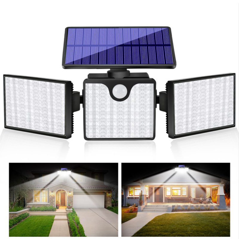 Super Bright Solar Outdoor Sensor Light Wide Angle Adjustable 3 Head 266 LED Flood Lights Solar Security Wall Lights