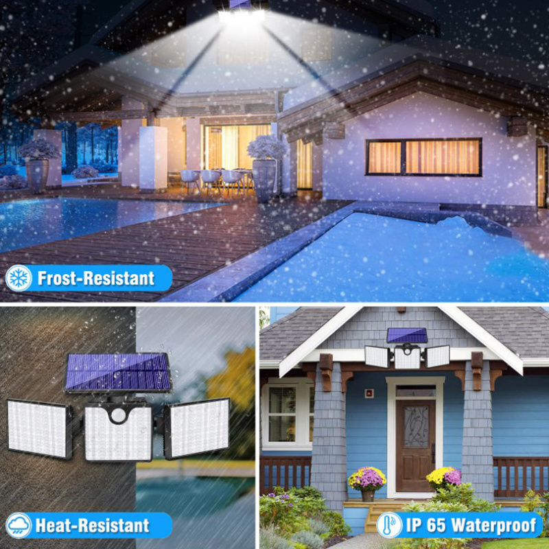 Super Bright Solar Outdoor Sensor Light Wide Angle Adjustable 3 Head 266 LED Flood Lights Solar Security Wall Lights