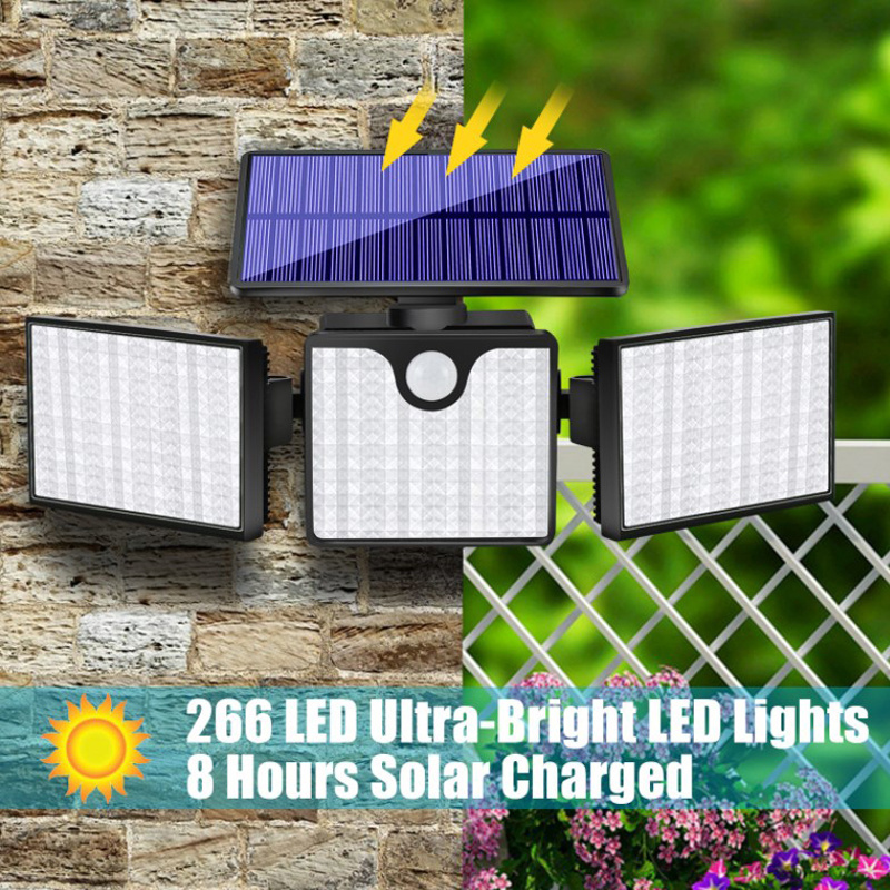 Super Bright Solar Outdoor Sensor Light Wide Angle Adjustable 3 Head 266 LED Flood Lights Solar Security Wall Lights