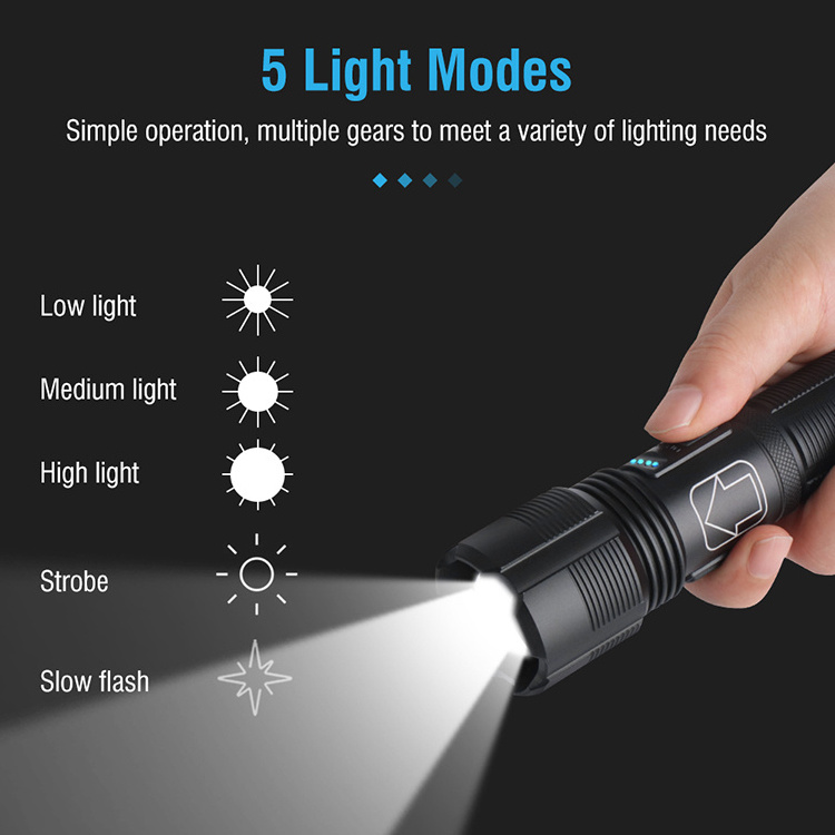 Waterproof 5 Modes Powerful Handheld Flashlight High Lumen XHP50 Rechargeable LED Tactical Flashlight for Camping Hiking Hunting